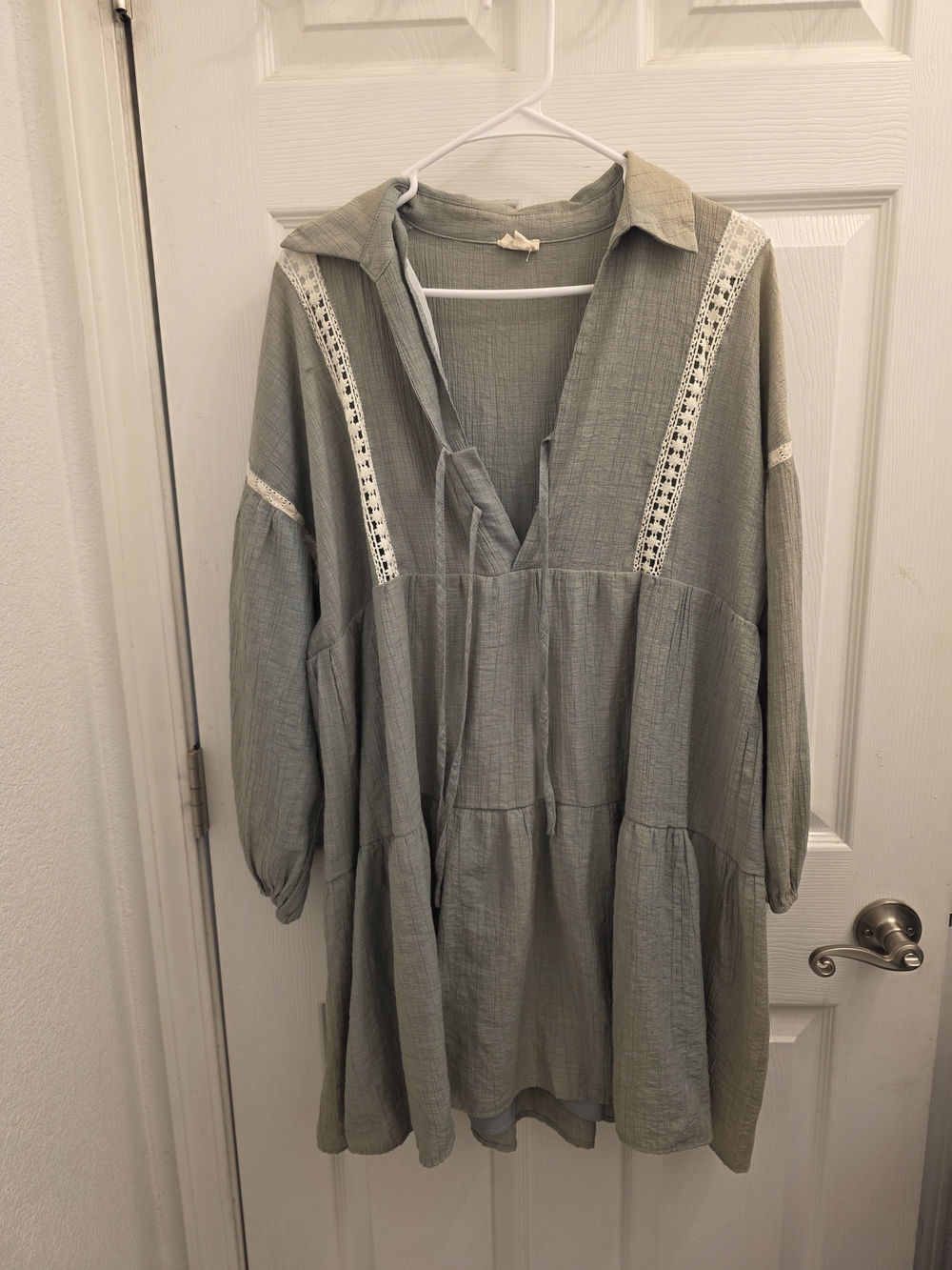 Zara - Sage Green Boho Tiered Peasant Dress with Lace Trim - Size L